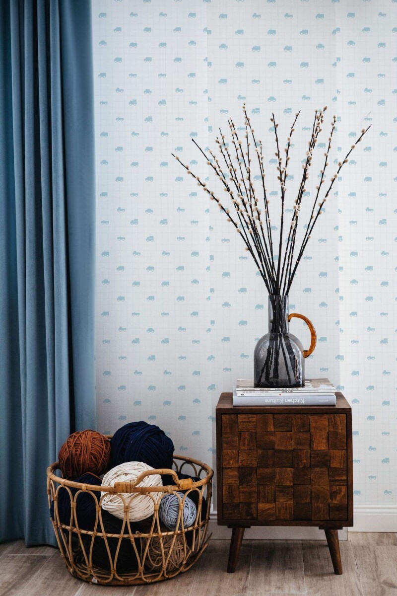 Coastal style living room decorated with Car notebook peel and stick wallpaper