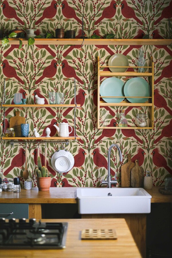 Fancy Walls Cardinals Berries Red Classic self-adhesive wallpaper