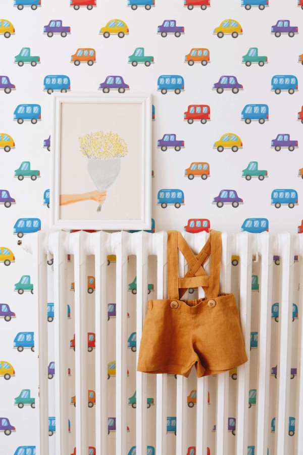 Bohemian style kids room decorated with Cars peel and stick wallpaper
