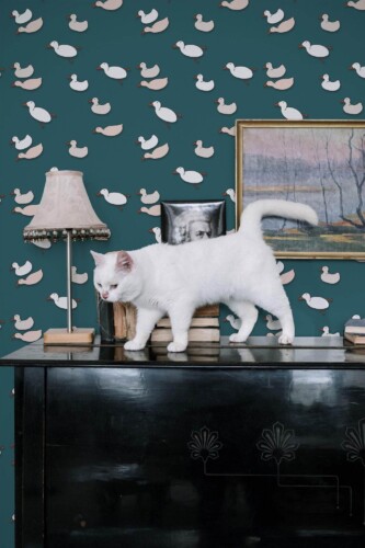 Whimsical accent wall decorated with teal cartoon duck wallpaper featuring scattered white-and-pink ducks. A glossy black piano sits in front, topped by vintage books, a small framed painting, and an antique table lamp with a patterned shade. A curious white cat walks across the books, drawing attention to the playful, eclectic décor. The wallpaper’s imaginative duck motif contrasts with the cat’s bright fur, creating a unique and visually engaging scene.