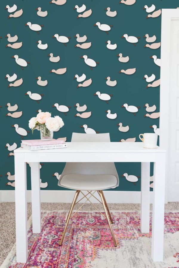 Shabby chic style home office decorated with Cartoon duck peel and stick wallpaper