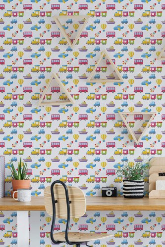 Scandinavian style home office decorated with Cartoon toys peel and stick wallpaper