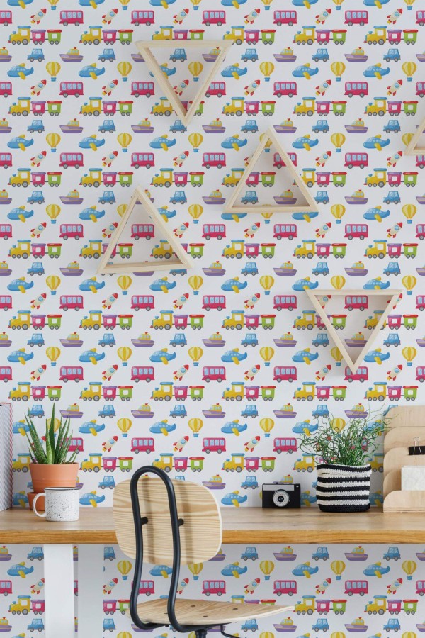 Scandinavian style home office decorated with Cartoon toys peel and stick wallpaper