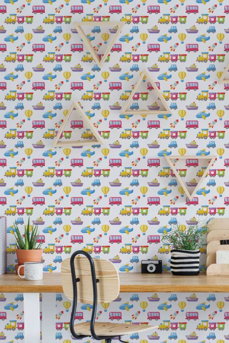 Scandinavian style home office decorated with Cartoon toys peel and stick wallpaper