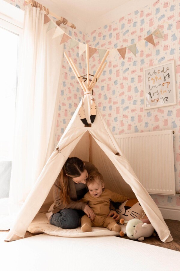 Bohemian style kids room decorated with Cat notebook peel and stick wallpaper