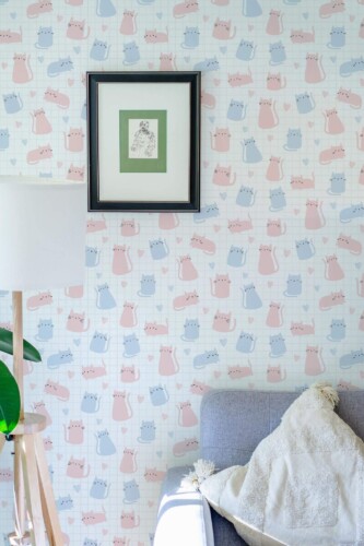 Eastern European style living room decorated with Cat notebook peel and stick wallpaper