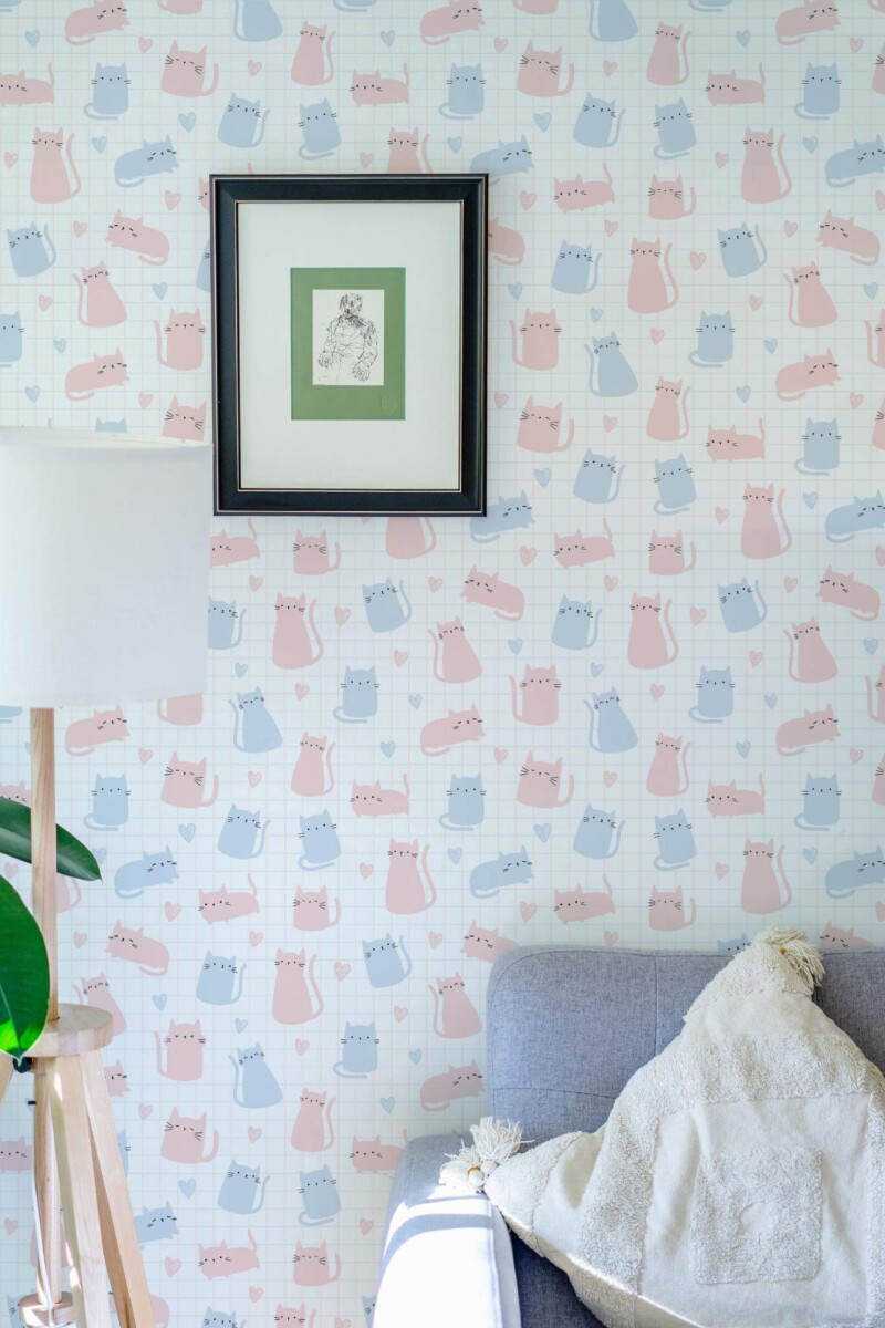 Eastern European style living room decorated with Cat notebook peel and stick wallpaper