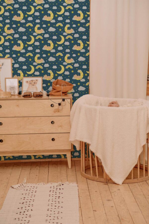 Neutral style nursery decorated with Cat on moon peel and stick wallpaper