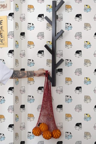 Scandinavian style kitchen decorated with Cats peel and stick wallpaper