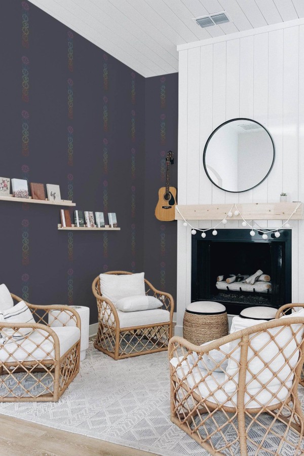 Minimal bohemian style living room decorated with Chakra peel and stick wallpaper