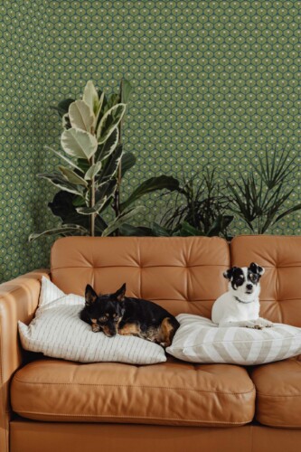 Removable wallpaper in Chartreuse art deco feathers design by Fancy Walls