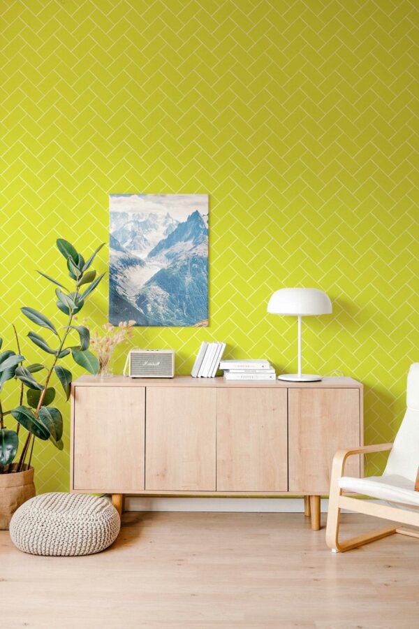 Removable wallpaper in Chartreuse herringbone tiles design by Fancy Walls