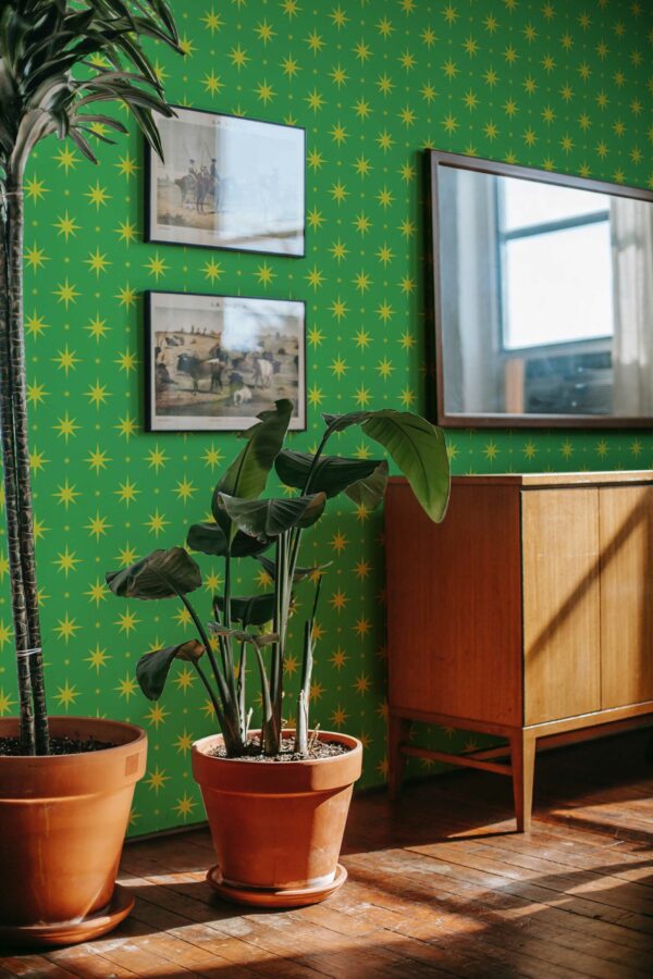 Traditional wallpaper in Chartreuse stars on bright green pattern by Fancy Walls
