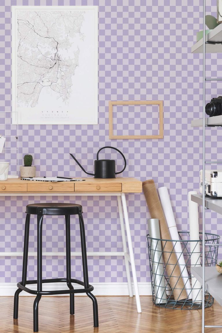 Pastel Purple checkered peel and stick wallpaper for study space or dorm room