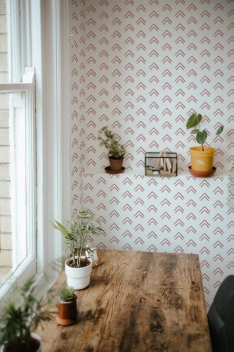Farmhouse style home office decorated with Cheerful Chevron peel and stick wallpaper