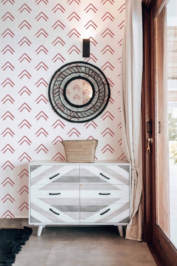 Modern farmhouse style living room decorated with Cheerful Chevron peel and stick wallpaper