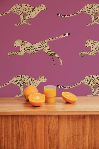 Mid-century style living room decorated with Cheetah peel and stick wallpaper