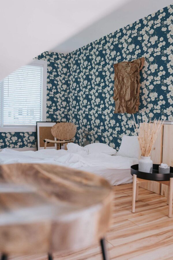 Boho style bedroom decorated with Cherry blossoms peel and stick wallpaper