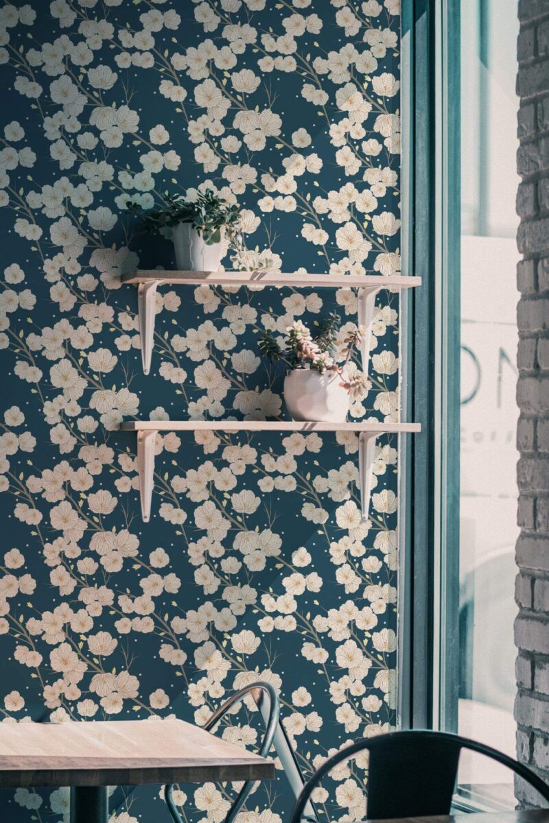 Industrial style cafe decorated with Cherry blossoms peel and stick wallpaper