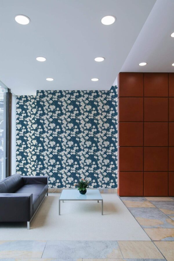Minimal mid-century style living room decorated with Cherry blossoms peel and stick wallpaper