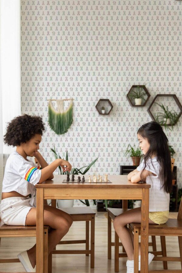 Boho style game room decorated with Chess peel and stick wallpaper