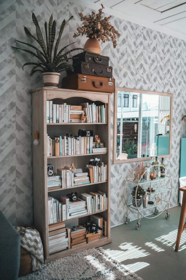 Farmhouse style living room decorated with Chevron stone peel and stick wallpaper