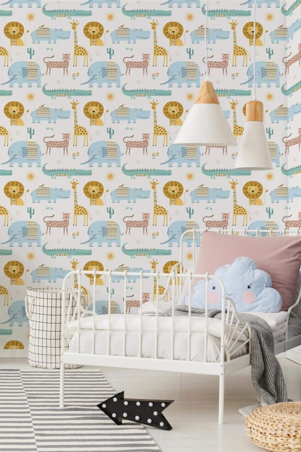 Bohemian style kids room decorated with Childish animal pattern peel and stick wallpaper