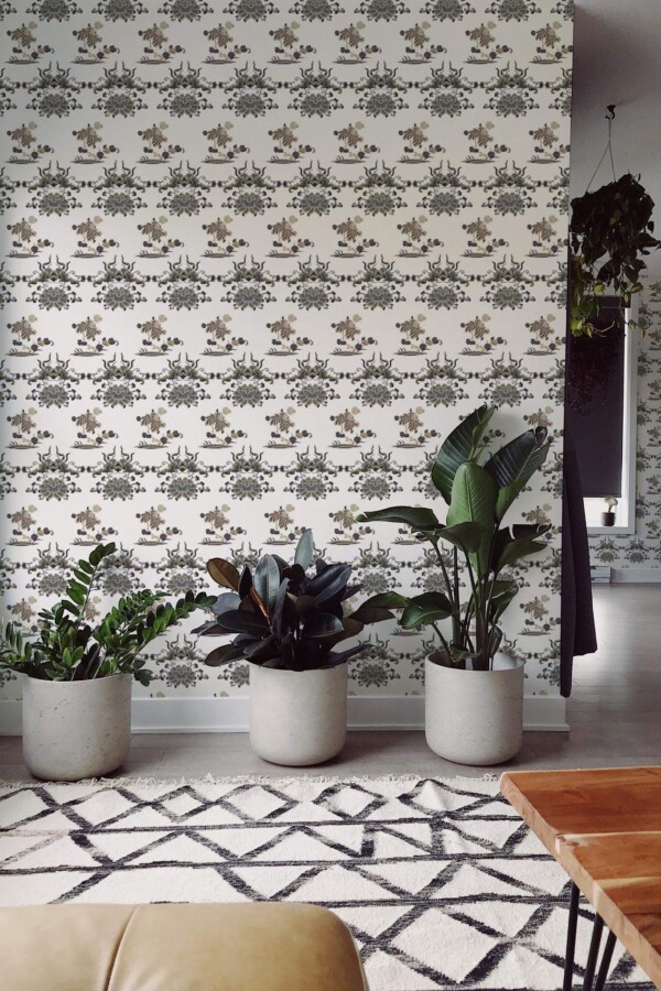 Scandinavian style living room decorated with Chinoiserie floral dragon peel and stick wallpaper