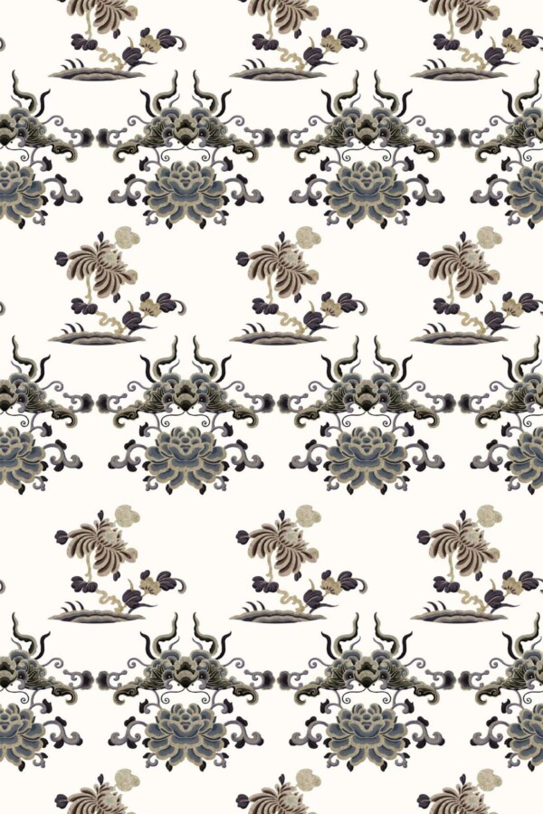 Pattern repeat of Chinoiseries floral dragon removable wallpaper design