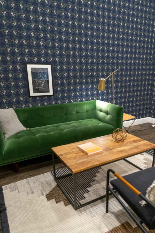 Self-adhesive wallpaper featuring blue Christmas birdies from Fancy Walls