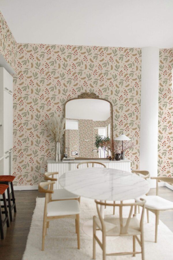 Luxury boho style dining room decorated with Christmas branch peel and stick wallpaper