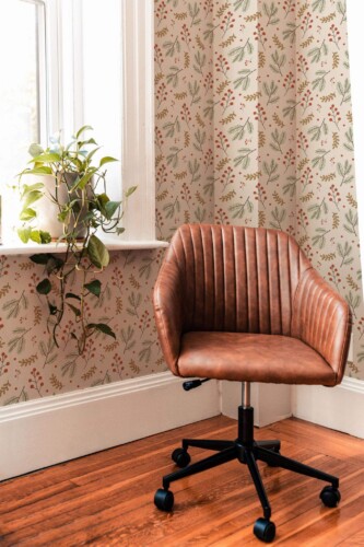 Mid-century modern style living room decorated with Christmas branch peel and stick wallpaper