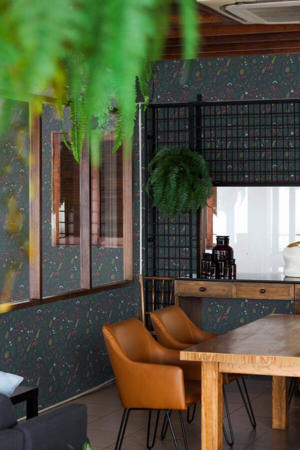 Mid-century modern style dining room decorated with Christmas branches peel and stick wallpaper and black industrial accents