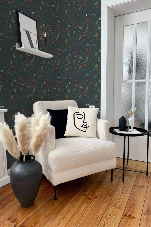 Modern boho style living room decorated with Christmas branches peel and stick wallpaper