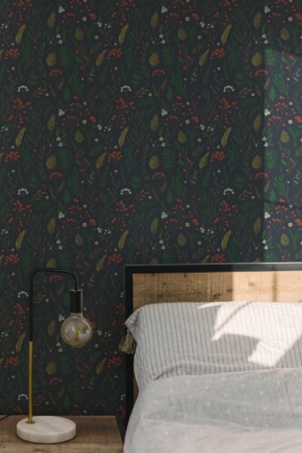 Minimal modern style bedroom decorated with Christmas branches peel and stick wallpaper