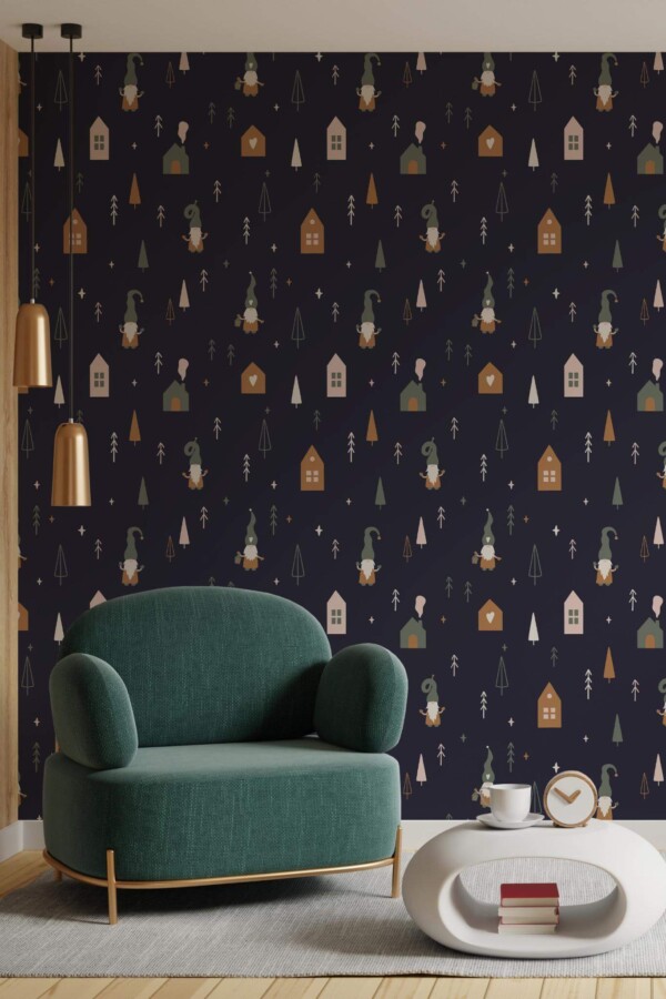 Contemporary style living room decorated with Christmas elves peel and stick wallpaper