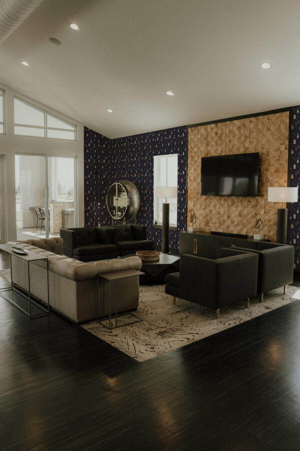 Hollywood glam style living room decorated with Christmas elves peel and stick wallpaper