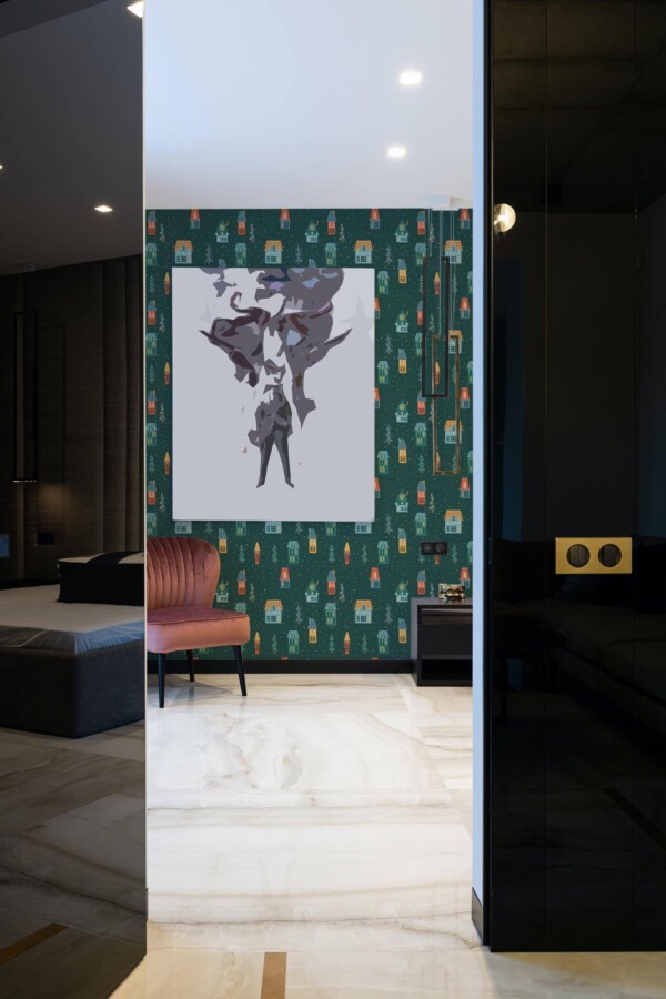 Art deco style bedroom decorated with Christmas houses peel and stick wallpaper