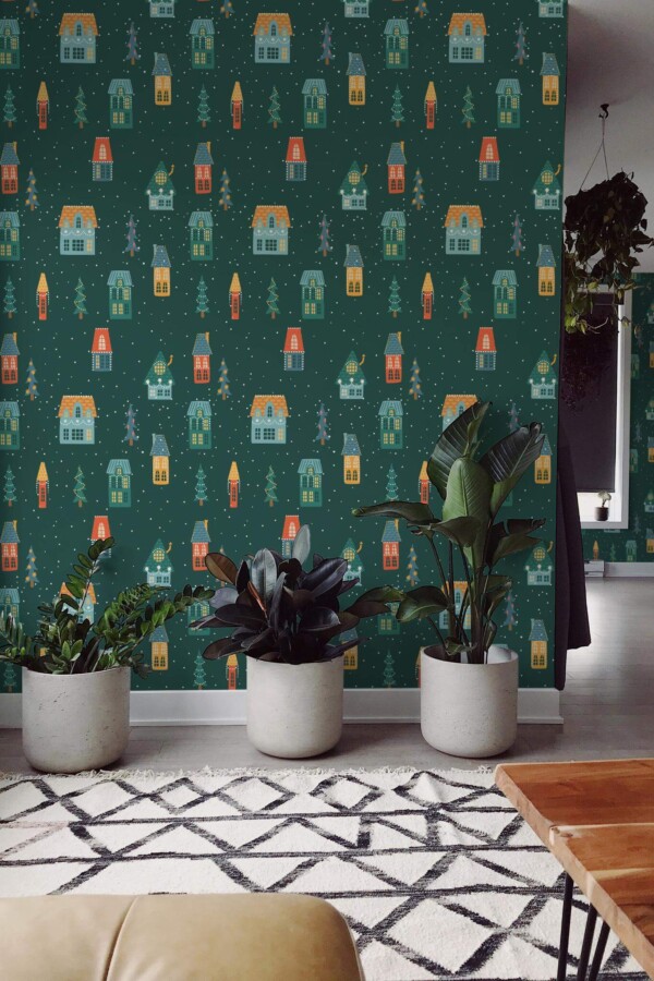Scandinavian style living room decorated with Christmas houses peel and stick wallpaper