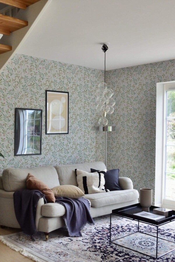 Contemporary style living room and kitchendecorated with Christmas leaf peel and stick wallpaper