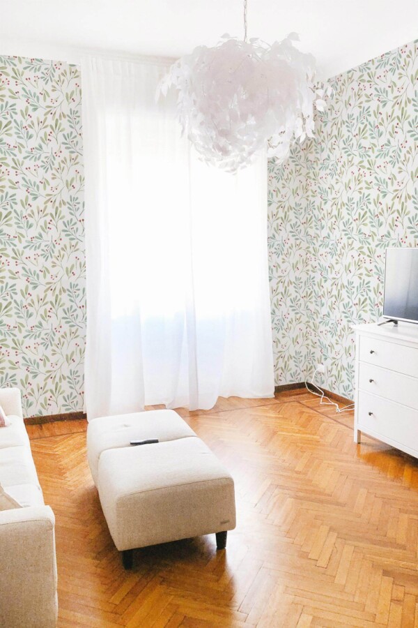 Modern boho style living room decorated with Christmas leaf peel and stick wallpaper