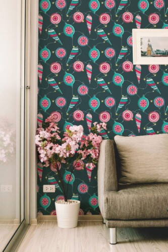 Modern farmhouse style living room decorated with Christmas lights peel and stick wallpaper