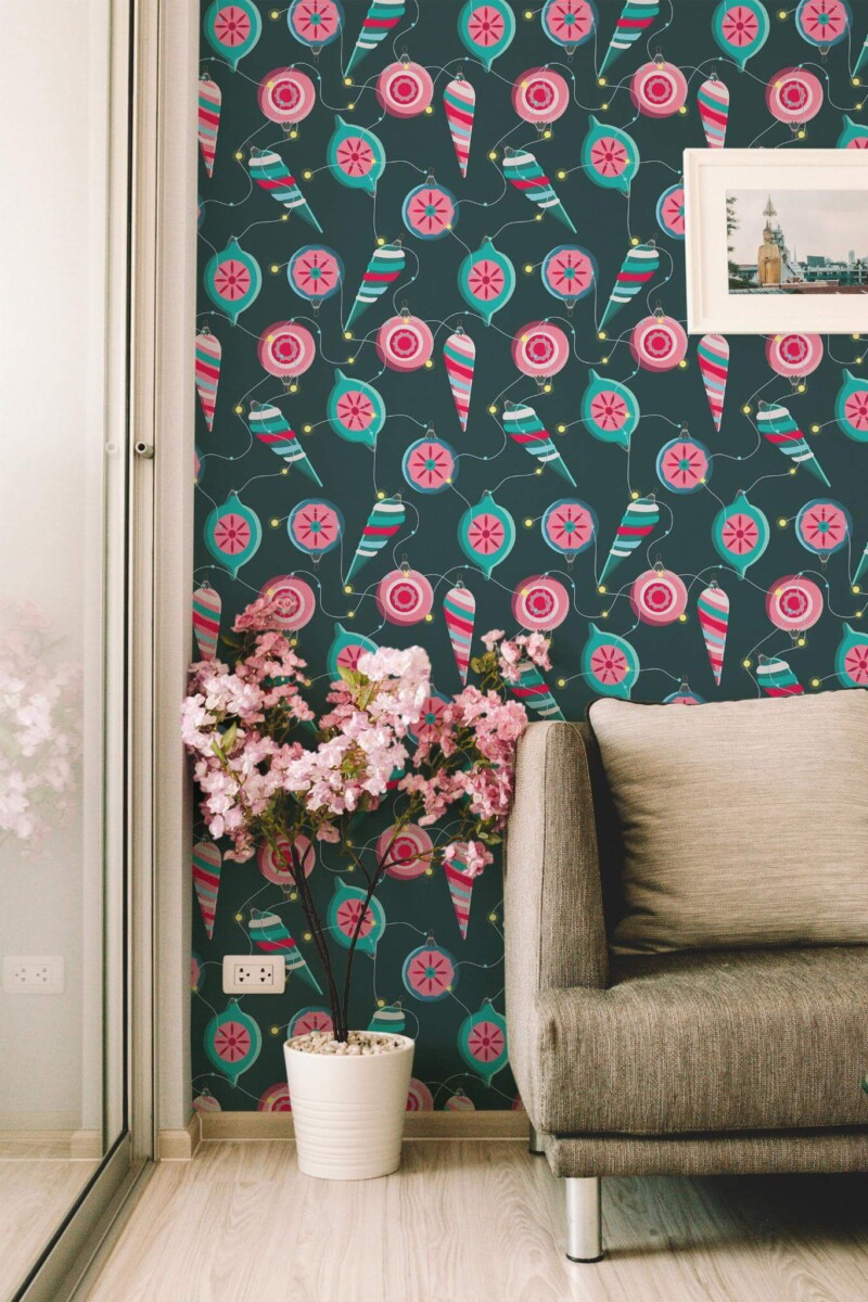 Modern farmhouse style living room decorated with Christmas lights peel and stick wallpaper
