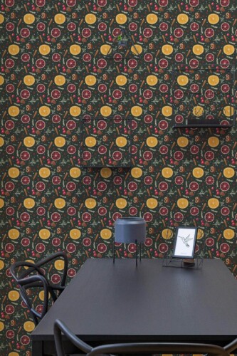 Industrial modern style dining room decorated with Christmas spices peel and stick wallpaper