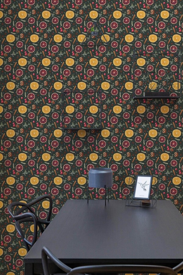 Industrial modern style dining room decorated with Christmas spices peel and stick wallpaper