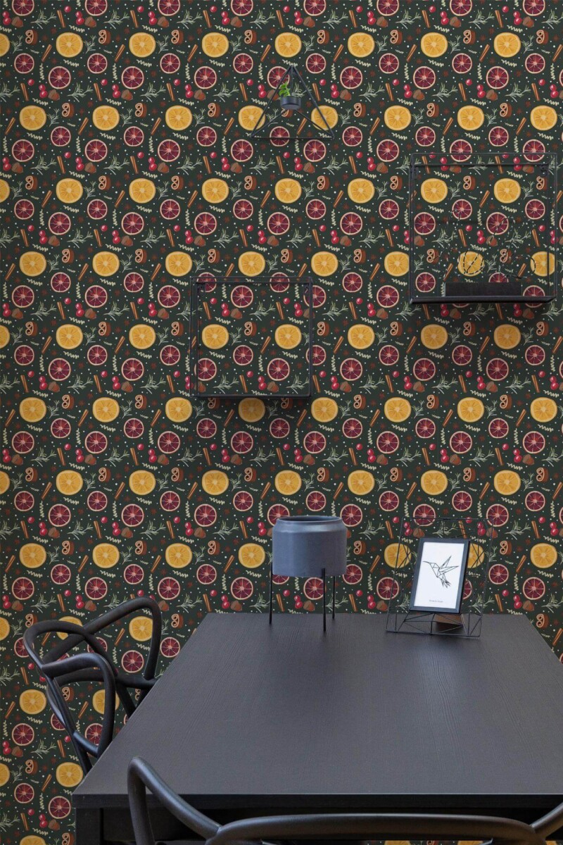 Industrial modern style dining room decorated with Christmas spices peel and stick wallpaper