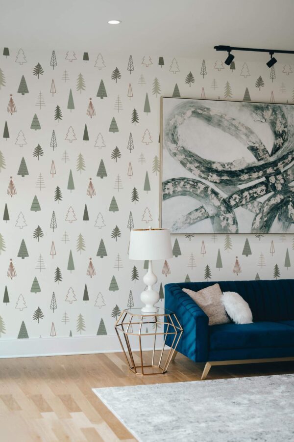 Modern style living room decorated with Christmas tree minimalist peel and stick wallpaper
