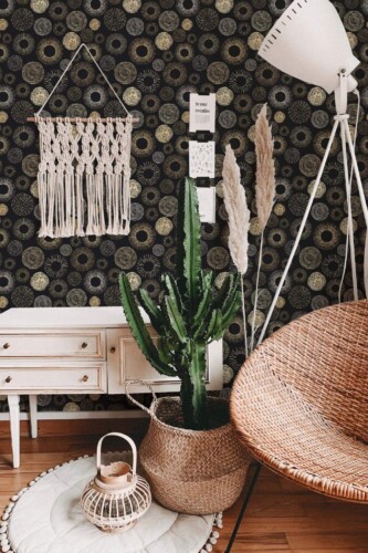 Bohemian style living room decorated with Circles seamless pattern peel and stick wallpaper