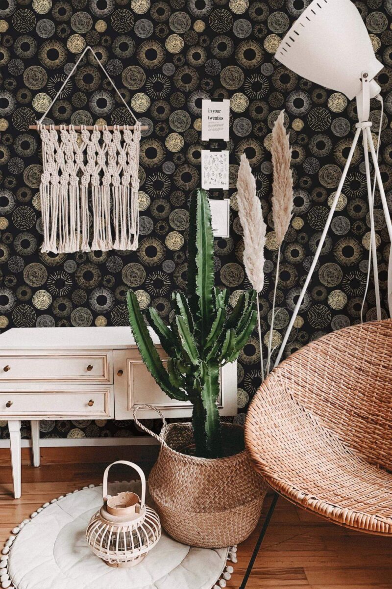 Bohemian style living room decorated with Circles seamless pattern peel and stick wallpaper
