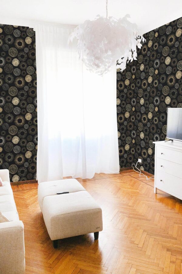 Modern boho style living room decorated with Circles seamless pattern peel and stick wallpaper